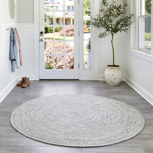nuLOOM 5' Round Solid Hand Braided Indoor/Outdoor Area Rug, Pet-Friendly, High Traffic, Weather Resistant, for Patio, Balcony, Bedroom, Living, Dining Room, Wynn Salt and Pepper