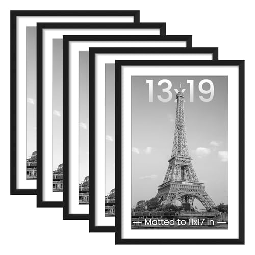 upsimples 13x19 Picture Frame Set of 5, Display Pictures 11x17 with Mat or 13 x 19 Without, Wall Gallery Poster Frames, Black