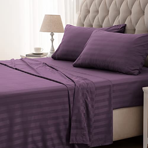 SLEEP ZONE Striped Cooling Sheets Set King Size - Fitted Flat Sheet & Pillowcase Sets 4 Piece - Super Soft Stripe Bed Sheet, Easy Care, Deep Pocket (Purple, King)