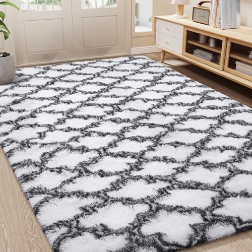 LOCHAS Luxury Shag Area Rug 6x9 Feet Geometric Plush Fluffy Rugs, Extra Soft Carpet Runner Rugs for Bedroom Living Room Dorm Kids, High Pile Shaggy Floor Rug Decor, White/Black