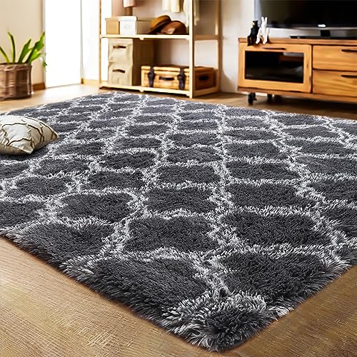 LOCHAS Luxury Shag Area Rug 6x9 Feet Geometric Plush Fluffy Rugs, Extra Soft Carpet Runner Rugs for Bedroom Living Room Dorm Kids, High Pile Shaggy Floor Rug Decor, Dark Grey and White
