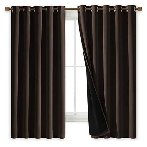 NICETOWN Complete 100% Blackout Curtains, Thermal Insulated & Energy Efficiency Window Draperies with Black Liner, Noise Reducing Short Curtains for Kids Room (Brown, 70-inch W by 63-inch L, 2 Panels)