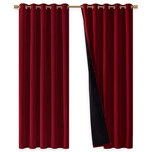 NICETOWN 100% Blackout Curtains with Black Liner Backing, Thermal Insulated Curtains for Living Room, Noise Reducing Drapes for Christmas, Burgundy Red, 70 inches x 84 inches Per Panel, Set of 2