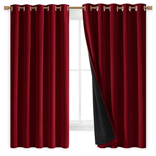 NICETOWN 100% Blackout Cold Blocking Curtain Panels, Thermal Insulated Curtains, Noise Reducing Drapes for Thanksgiving Day Window Decor (Set of 2, Burgundy Red, 70 inches Wide by 63 inches Long)