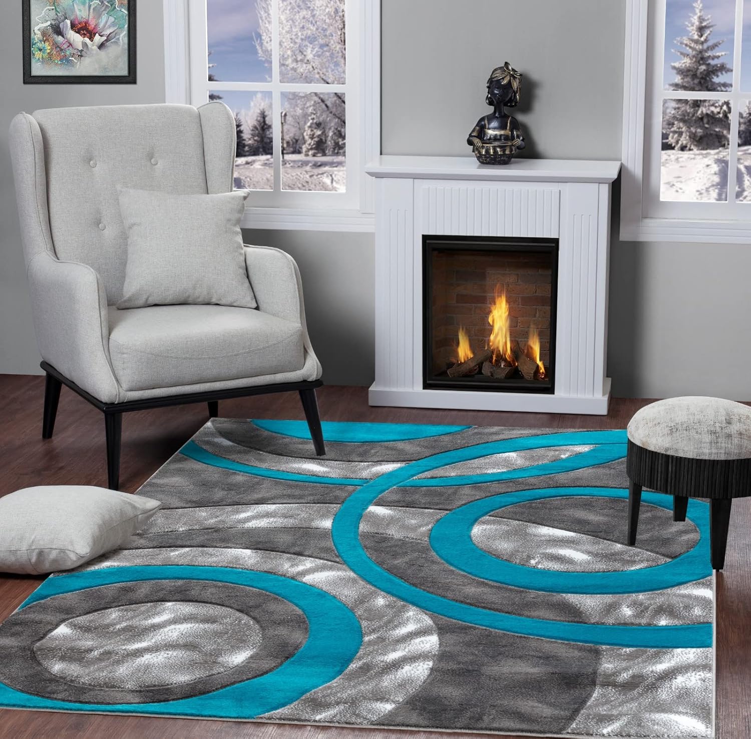 GLORY RUGS Area Rug Modern 8x10 Turquoise Circles Geometry Soft Hand Carved Contemporary Floor Carpet Fluffy Texture for Indoor Living Dining Room and Bedroom Area