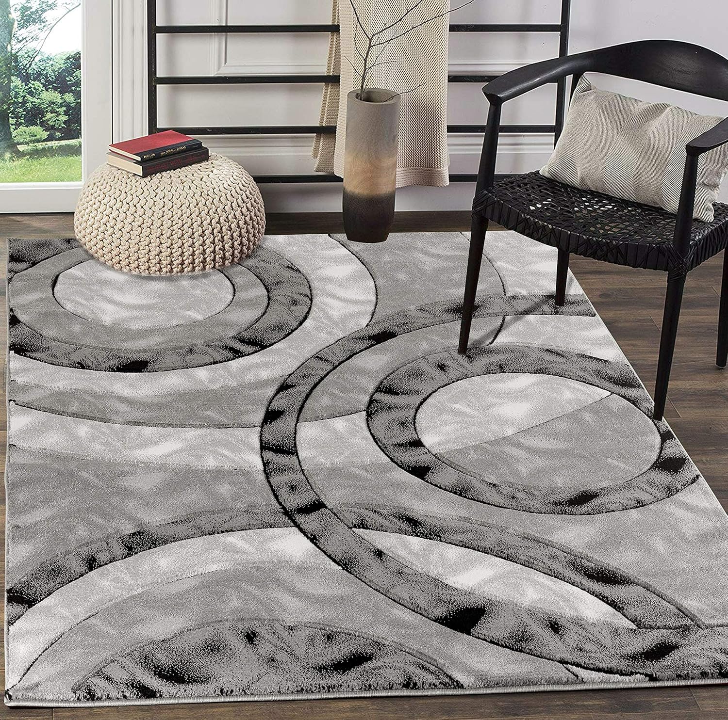 GLORY RUGS Area Rug Modern 5x7 Grey Black Circles Geometry Soft Hand Carved Contemporary Floor Carpet Fluffy Texture for Indoor Living Dining Room and Bedroom Area