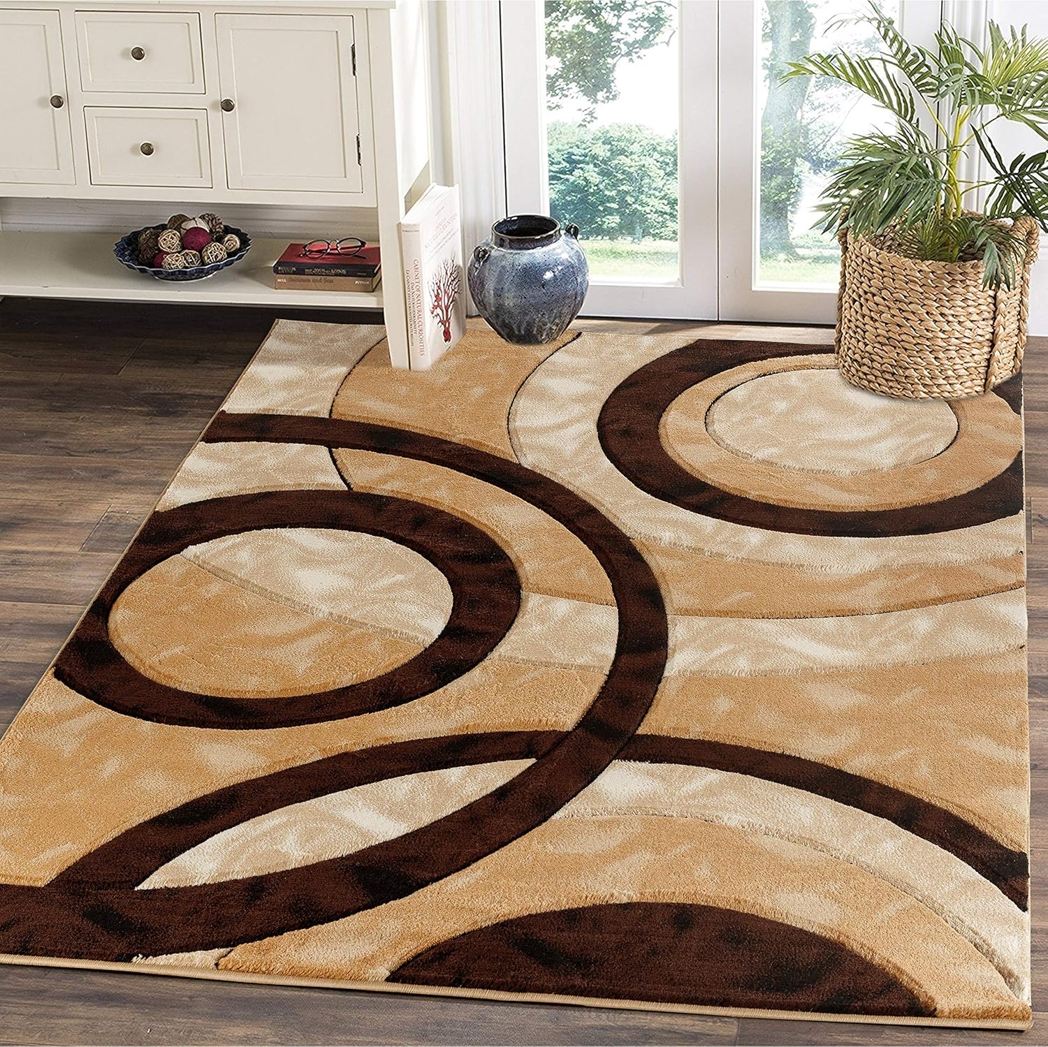 GLORY RUGS Area Rug Modern 8x10 Brown Circles Geometry Soft Hand Carved Contemporary Floor Carpet Fluffy Texture for Indoor Living Dining Room and Bedroom Area