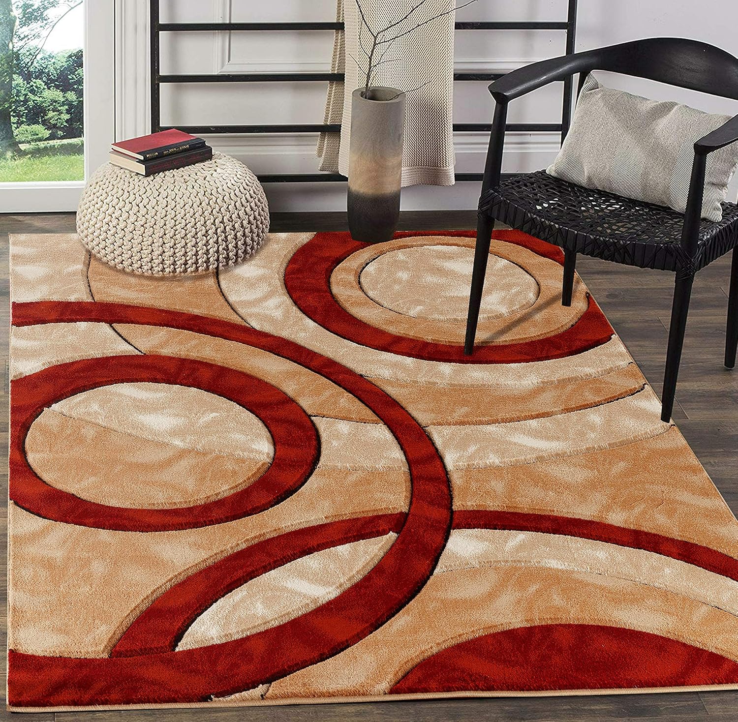 GLORY RUGS Area Rug Modern 5x7 Dark red Circles Geometry Soft Hand Carved Contemporary Floor Carpet Fluffy Texture for Indoor Living Dining Room and Bedroom Area