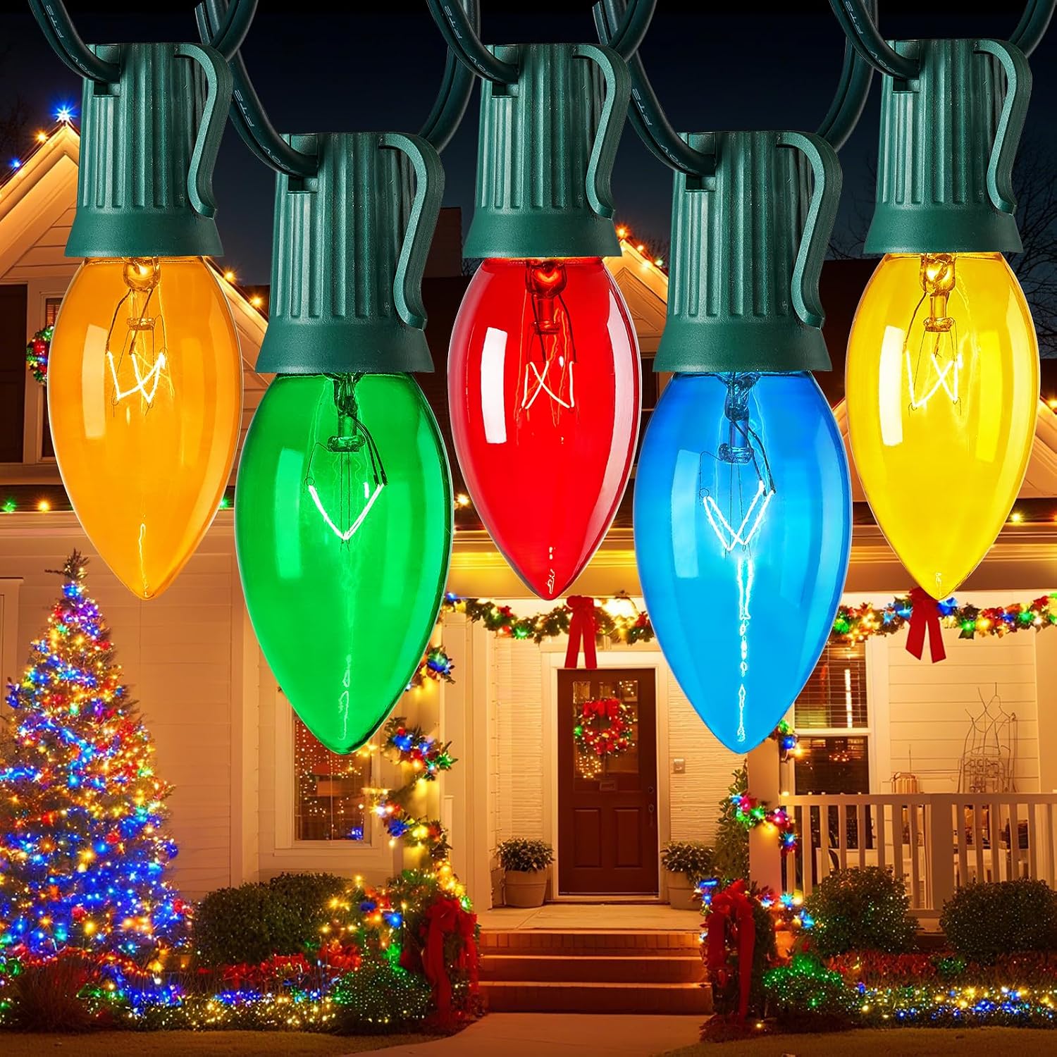 C9 Bulb String Lights Outdoor 50 Feet Multicolored Christmas Lights Green Wire for Outdoor Patio Room Christmas Tree Party Backyard Decoration, E17 Base, 50 +2 Bulbs
