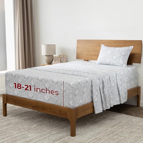 Mellanni Extra Deep Twin Sheets - 3 PC Iconic Collection Bedding - Hotel Luxury, Ultra Soft, Cooling Bed Sheets - Wrinkle, Fade, Stain Resistant (Twin, Paisley Gray)