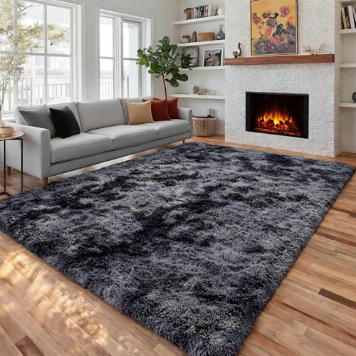 PAGISOFE Abstract Soft Shaggy Rugs for Living Room 5x8 Ft,Tie-Dyed Grey Fluffy Washable Rugs for Kids Room Furry Carpets for Bedroom Room Decor Aesthetic Large Shag Carpet for Boys Girls Dorm Nursery