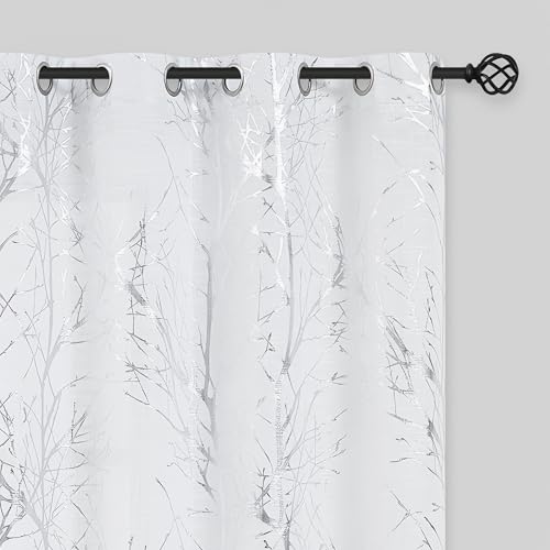FMFUNCTEX Linen Semi Sheer Curtains for Living Room & Bedroom, Silver Metallic Print White Tree Panel, Light Filtering, 96 Inches Long, 2 Panels