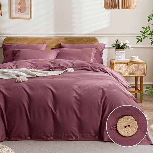 JELLYMONI Cotton Duvet Cover Queen Size - Dusty Rose Comforter Cover with Button 100% Washed Cotton 3PCS Breathable Soft Solid Bedding Set Duvet Cover 9090in & 2 Pillowcases (NO Comforter)