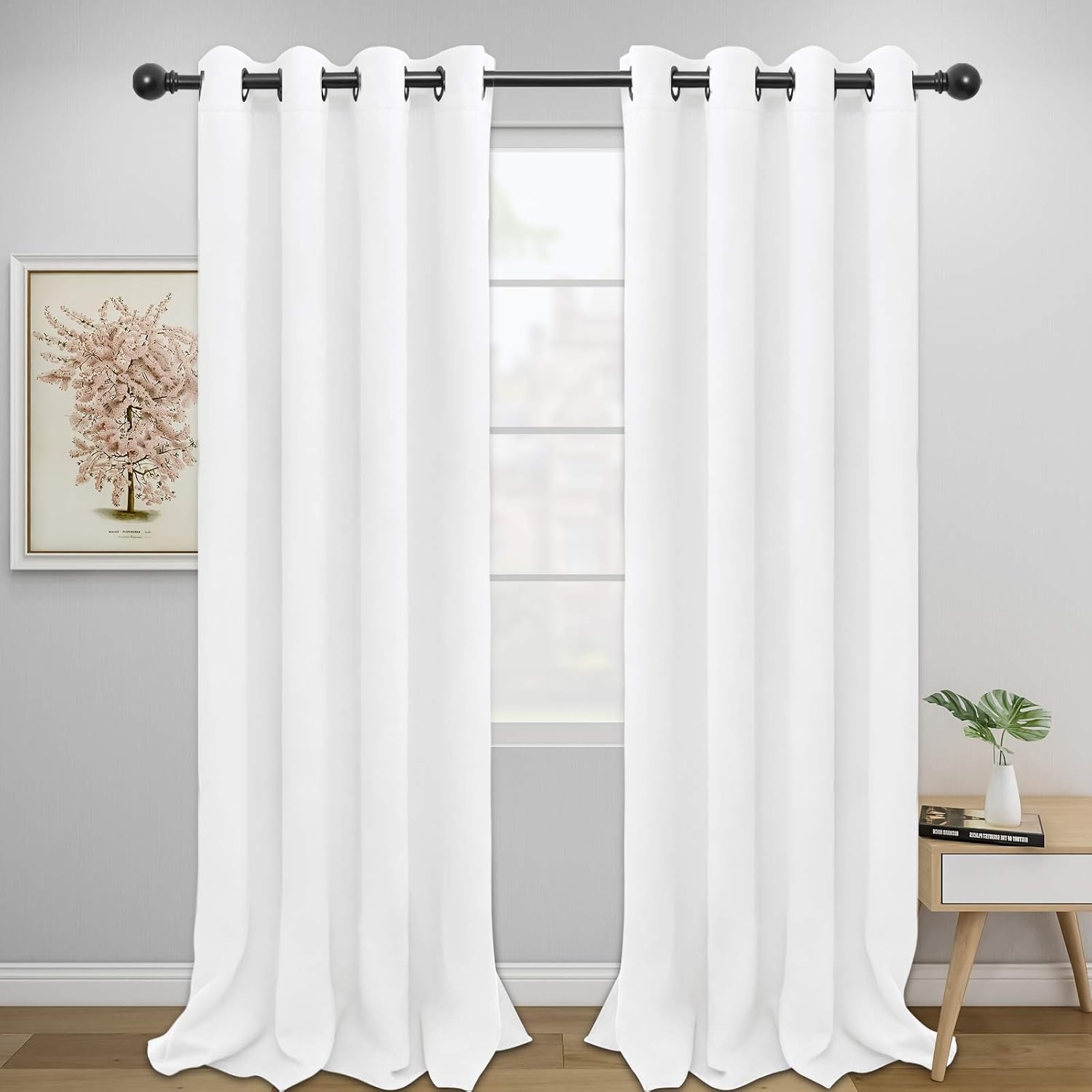 Easy-Going Blackout Curtains for Bedroom, Solid Thermal Insulated Grommet and Noise Reduction Window Drapes, Room Darkening Curtains for Living Room, 2 Panels (52x96 in,White)