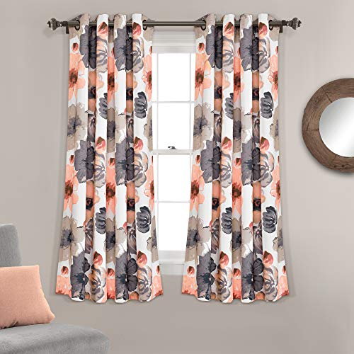 Lush Decor Leah Light Filtering Window Curtain Panels, Pair, 52" W x 63" L, Coral & Gray - Floral Drapes for Bedroom - Coral Curtains - Farmhouse Decor
