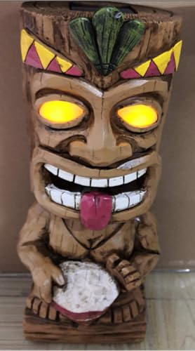 VP Home Welcome Tiki Statue with Surfboard - Solar Powered 14" Tall Tiki Stand with Automatic Switch On Flickering Eyes LED Light - for Outdoor Decoration - Perfect for Beach Resort, Halloween Decor