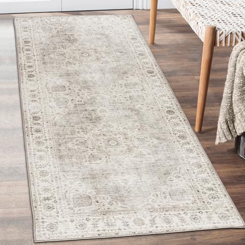 ReaLife Rugs Machine Washable Area Rug Runner - Living Room Bedroom Bathroom Kitchen Entryway Office - Padded Low Pile Stain Resistant Premium - Joy - Beige Ivory 2'6" x 6'