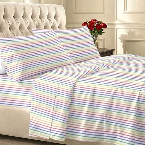 California Design Den Printed Twin XL Sheet Sets - 400 Thread Count Sateen, Natural 100% Cotton Sheets, Deep Pockets, Cooling and Durable Bedding Set - Rainbow Striped