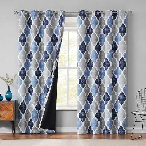 Beauoop 100% Blackout Curtains 96 Inches Long 2 Panels for Bedroom Living Room Blue Grey Moroccan Geo Room Darkening Thermal Insulated Soundproof Grommet Top Window Treatments Drapes, 50x96 Set of 2