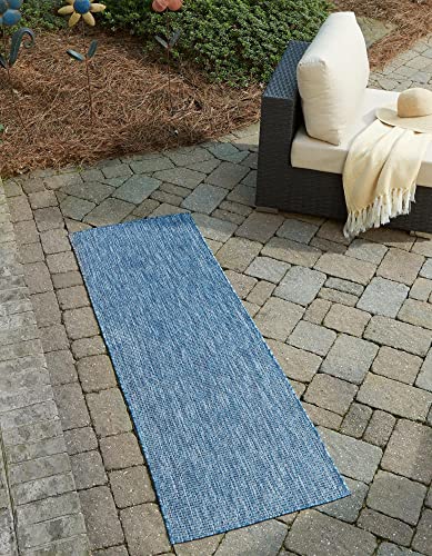 Unique Loom Collection Casual Transitional Solid Heathered Indoor/Outdoor Flatweave Area Rug (2' x 8' Runner, Blue/Navy Blue)