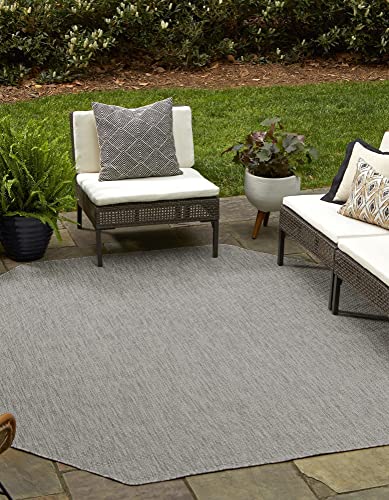 Unique Loom Collection Casual Transitional Solid Heathered Indoor/Outdoor Flatweave Area Rug (5' 1" Octagon, Light Gray/Ivory)