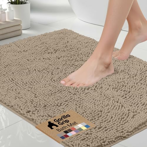 GORILLA GRIP Bath Rug Mat 60x17, Thick Soft Absorbent Chenille, Quick Dry Microfiber Mats, Rubber Backing Washable Shower Floor Rugs, Bathmat Runner, US Designed Bathroom Home Decor Accessories Beige