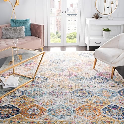 SAFAVIEH Madison Collection Area Rug - 8' Square, Cream & Multi, Boho Chic Distressed Design, Non-Shedding & Easy Care, Ideal for High Traffic Areas in Living Room, Bedroom (MAD611B)
