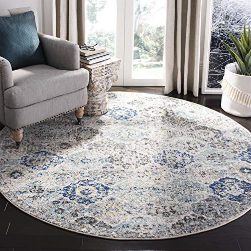 SAFAVIEH Madison Collection Area Rug - 8' Round, Ivory & Aqua, Boho Chic Distressed Design, Non-Shedding & Easy Care, Ideal for High Traffic Areas in Living Room, Bedroom (MAD611A)