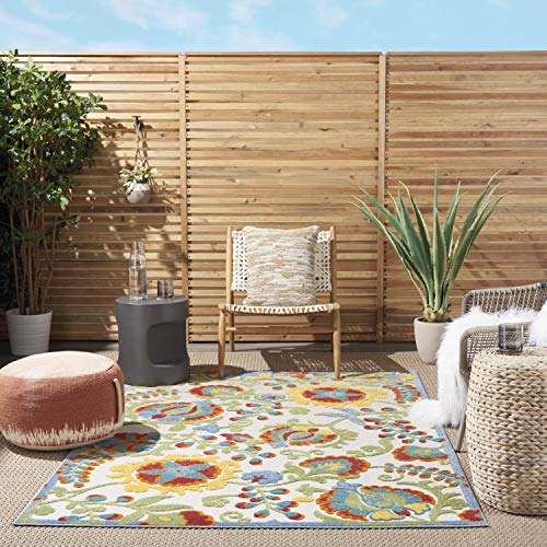 Nourison Home Aloha Indoor/Outdoor Ivory/Multi 5'3" x 7'5" Area Rug, Easy Clean, Non Shedding, Bed Room, Living Room, Dining Room, Backyard, Deck, Patio (5x7)