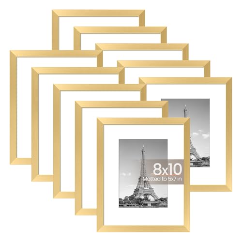 upsimples 8x10 Picture Frame Set of 10, Display Pictures 5x7 with Mat or 8x10 Without, Multi Photo Frames Collage for Wall or Tabletop Display, Gold