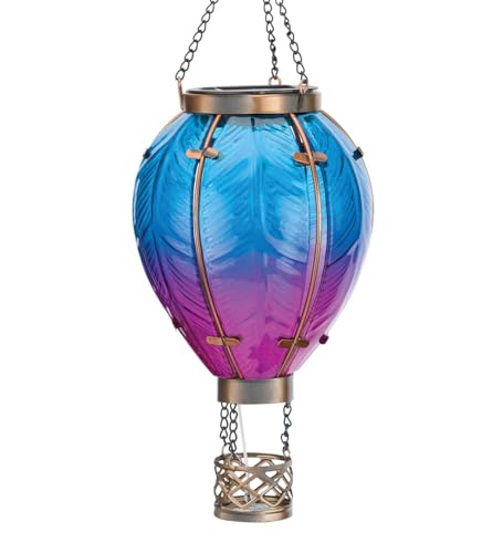 Regal Art & Gift Hot Air Balloon Solar Lantern  Hanging Solar-Powered LED Lights, Waterproof Portable Decorative Outdoor Lamp Made of Metal & Glass for Garden, Patios & Pathway  Blue (Small)