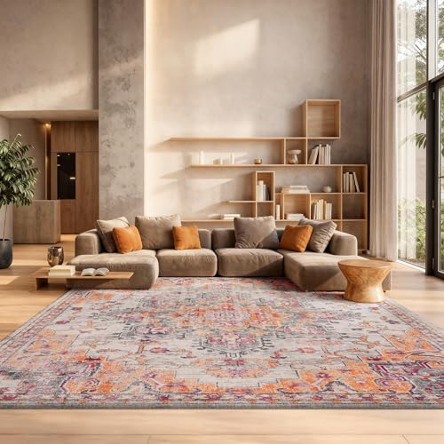 SAFAVIEH Area Rug 6x9 - Madison Collection - Beige & Orange, Boho Chic Distressed Medallion Design, Non-Shedding & Easy to Clean, Ideal for Living Room, Bedroom, Dining Space (MAD473E)