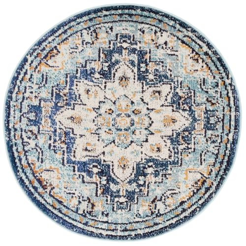 SAFAVIEH Madison Collection Area Rug - 4' Round, Blue & Light Blue, Boho Chic Distressed Medallion Design, Non-Shedding & Easy to Clean, Ideal for Living Room, Bedroom, Dining Space (MAD473M)