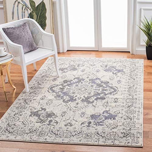 SAFAVIEH Monaco Collection Area Rug - 6'7" x 9'2", Ivory & Grey, Boho Chic Medallion Distressed Design, Non-Shedding & Easy Care, Ideal for High Traffic Areas in Living Room, Bedroom (MNC243B)