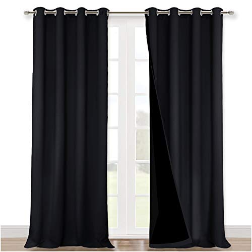 NICETOWN Cold Blocking 100% Blackout Curtains, Durable Black Lined Blackout Curtains for Bedroom, Energy Saving Long Curtains for Patio Sliding Glass Door, Black, 52 inches x 95 inches, 2 Panels