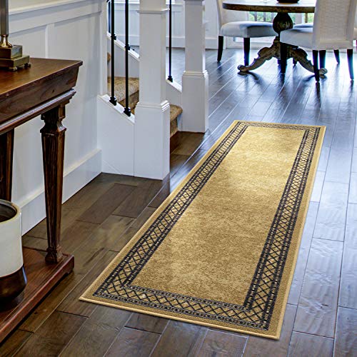 Antep Rugs Alfombras Modern Bordered 2x7 Non-Skid (Non-Slip) Low Profile Pile Rubber Backing Indoor Area Runner Rugs (Brown, 2' x 7')