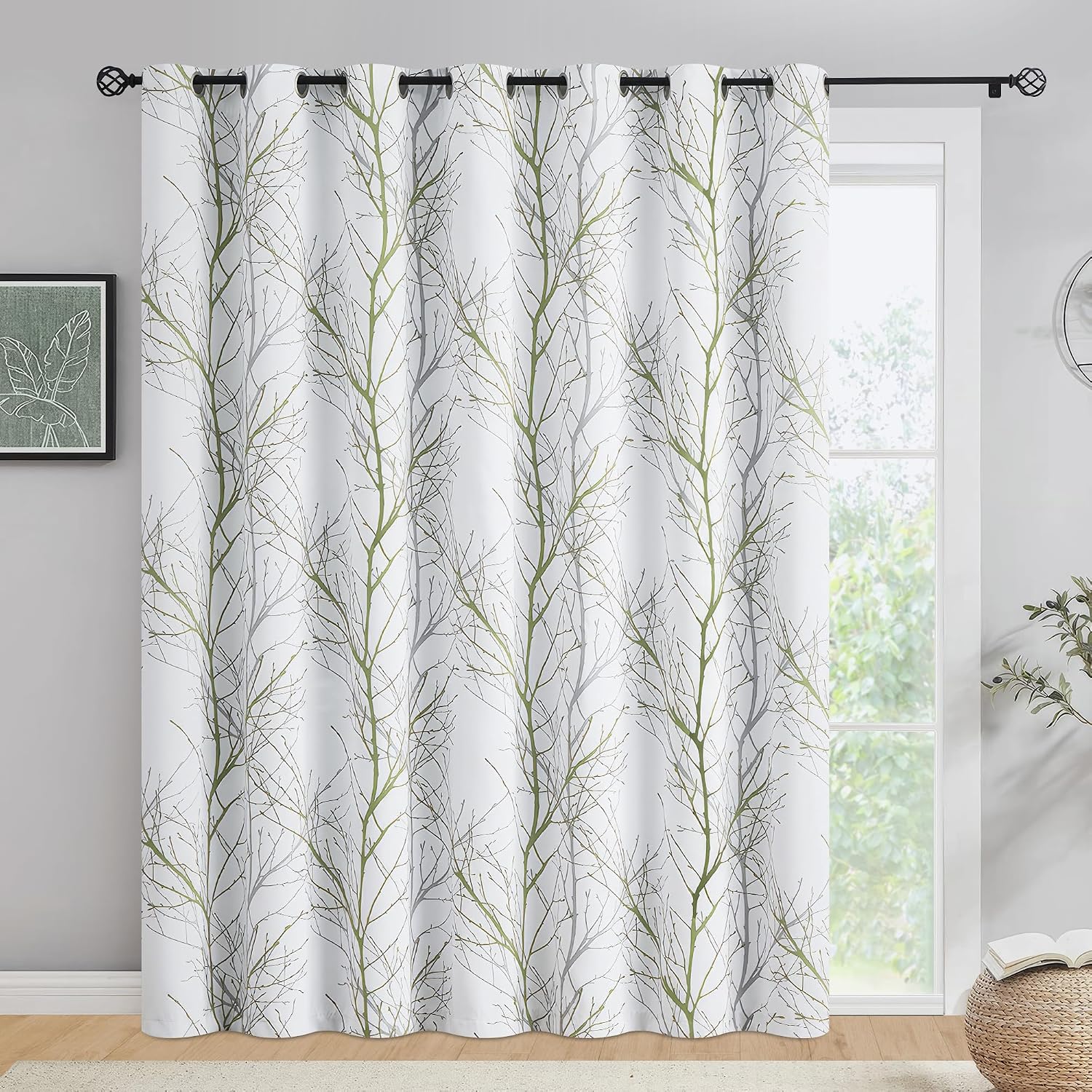 FMFUNCTEX 100% Blackout Patio Sliding Glass Door Curtains 96 Inch Long for Bedroom, Green Grey on White Tree Branch Patterned Drapes for Living Room Divider, Extra Wide Thermal Insulated Panels