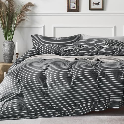 JELLYMONI Cotton Duvet Cover Cal King Size - Gray Pinstriped Comforter Cover with Button 100% Washed Cotton 3PCS Breathable Soft Bedding Set Duvet Cover 10498in & 2 Pillowcases (NO Comforter)