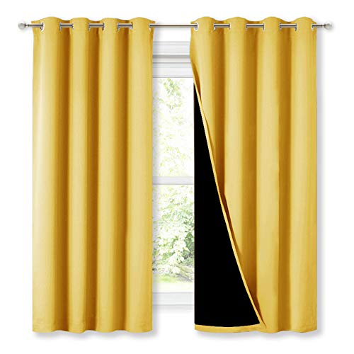 NICETOWN Blackout Lined Curtains for Kitchen Window, Totally Darkness Drapes with Silver Grommet, Thermal Insulated Drapes for Master Bedroom (Bright Yellow, 1 Pair, 52 Width x 63 Length Each Panel)
