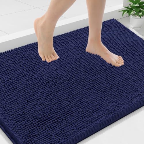 Smiry Luxury Chenille Bathroom Rugs 36x24, Extra Soft and Absorbent Shaggy Bath Mat, Machine Washable, Non-Slip Plush Carpet Runner for Tub, Shower, and Floor, Home Decor Accessories, Navy Blue