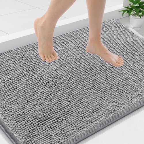 Smiry Luxury Chenille Bathroom Rugs 36x24, Extra Soft and Absorbent Shaggy Bath Mat, Machine Washable, Non-Slip Plush Carpet Runner for Tub, Shower, and Floor, Home Decor Accessories, Grey