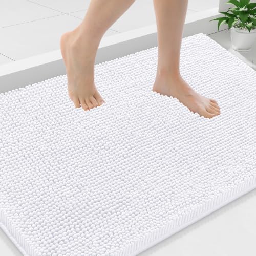 Smiry Luxury Chenille Bathroom Rugs 36x24, Extra Soft and Absorbent Shaggy Bath Mat, Machine Washable, Non-Slip Plush Carpet Runner for Tub, Shower, and Floor, Home Decor Accessories, White
