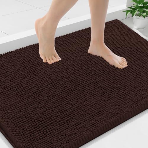 Smiry Luxury Chenille Bathroom Rugs 36x24, Extra Soft and Absorbent Shaggy Bath Mat, Machine Washable, Non-Slip Plush Carpet Runner for Tub, Shower, and Floor, Home Decor Accessories, Brown