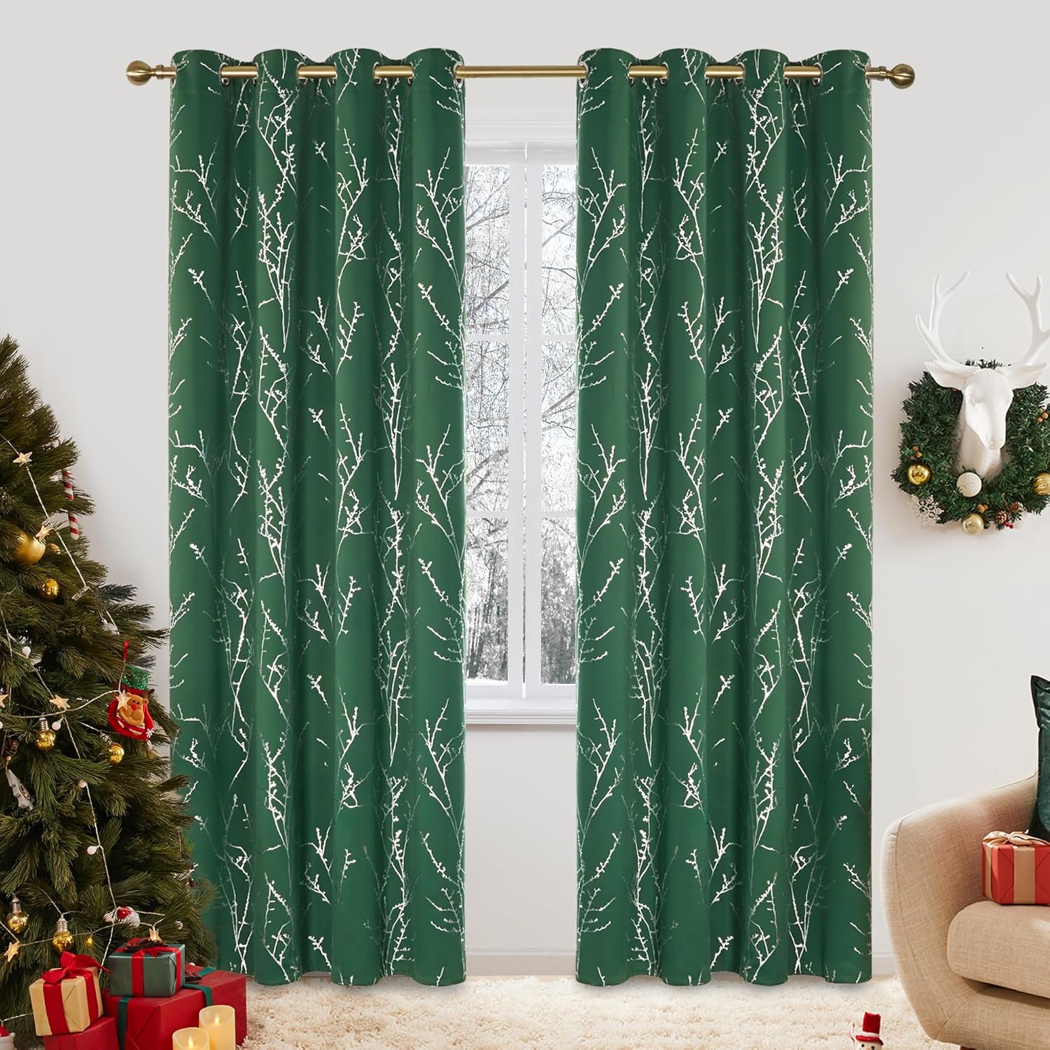Deconovo Blackout Curtains - Silver Blossoming Branch Print, Thermal Insulated, Noise Reducing, Privacy Drapes for Bedroom & Living Room (52W x 95L Inch, Moss Green/Silver Tree Branch, 2 Panels)