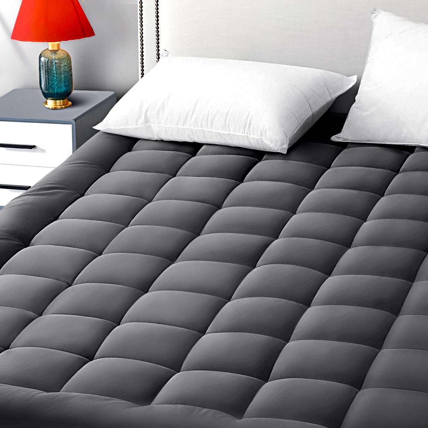 EASELAND Queen Size Mattress Pad Pillow Cover Quilted Fitted Mattress Protector Cotton Top 8-21" Deep Pocket Cooling Mattress Topper (60x80 Inches, Dark Grey)