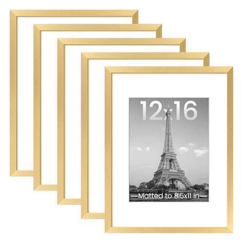 upsimples 12x16 Picture Frame Set of 5, Display Pictures 8.5x11 with Mat or 12 x 16 Without, Wall Gallery Poster Frames, Gold