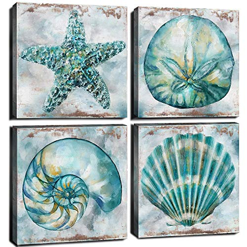 Teal Conch Canvas Wall Art Bathroom Decor Rustic Beach Watercolor Aqua Starfish Prints Pictures Vintage Shell Laundry Painting Poster 4 Pcs Set Modern Beach Theme Bedroom Framed Artwork 20 x 20 Inches