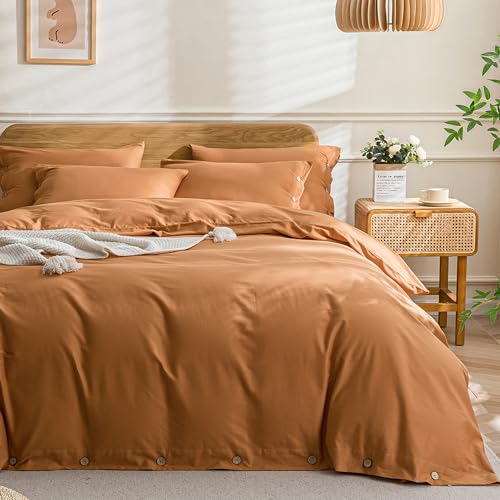 JELLYMONI Cotton Duvet Cover Cal King Size - Burnt Orange Comforter Cover with Button 100% Washed Cotton 3PCS Breathable Soft Solid Bedding Set Duvet Cover 10498in & 2 Pillowcases (NO Comforter)