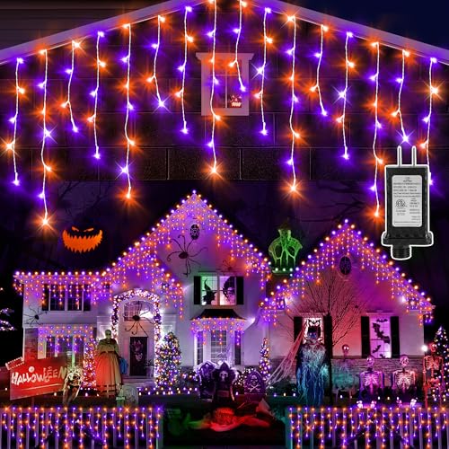 KNONEW Orange Purple Halloween Lights 33FT 400 LED String Lights Outdoor with 75 Drops, 8 Lighting Modes, Timer Memory Function Connectable Hanging Curtain Lights for Halloween Party Decor