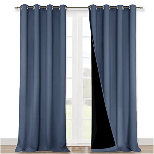 NICETOWN Insulated 100% Blackout Curtains, Noise Reducing Performance Drapes with Black Lining, Full Light Blocking Draperies for Overnight Shift Worker (Stone Blue, 1 Pair, 52 inches x 95 inches)